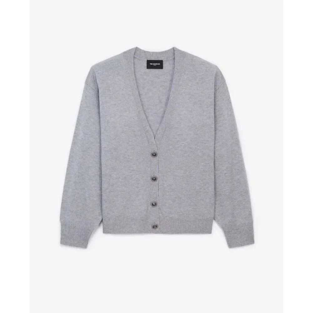 NEW The Kooples V-Neck 100% Wool Cardigan With Jewel Buttons in Gray Sz 2 US 6 - Picture 7 of 15
